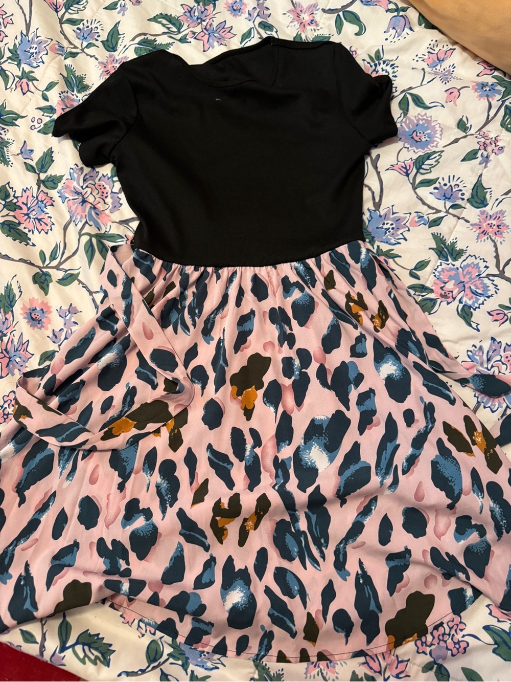 SHEIN Black Top with Pink Animal-Print Skirt Dress